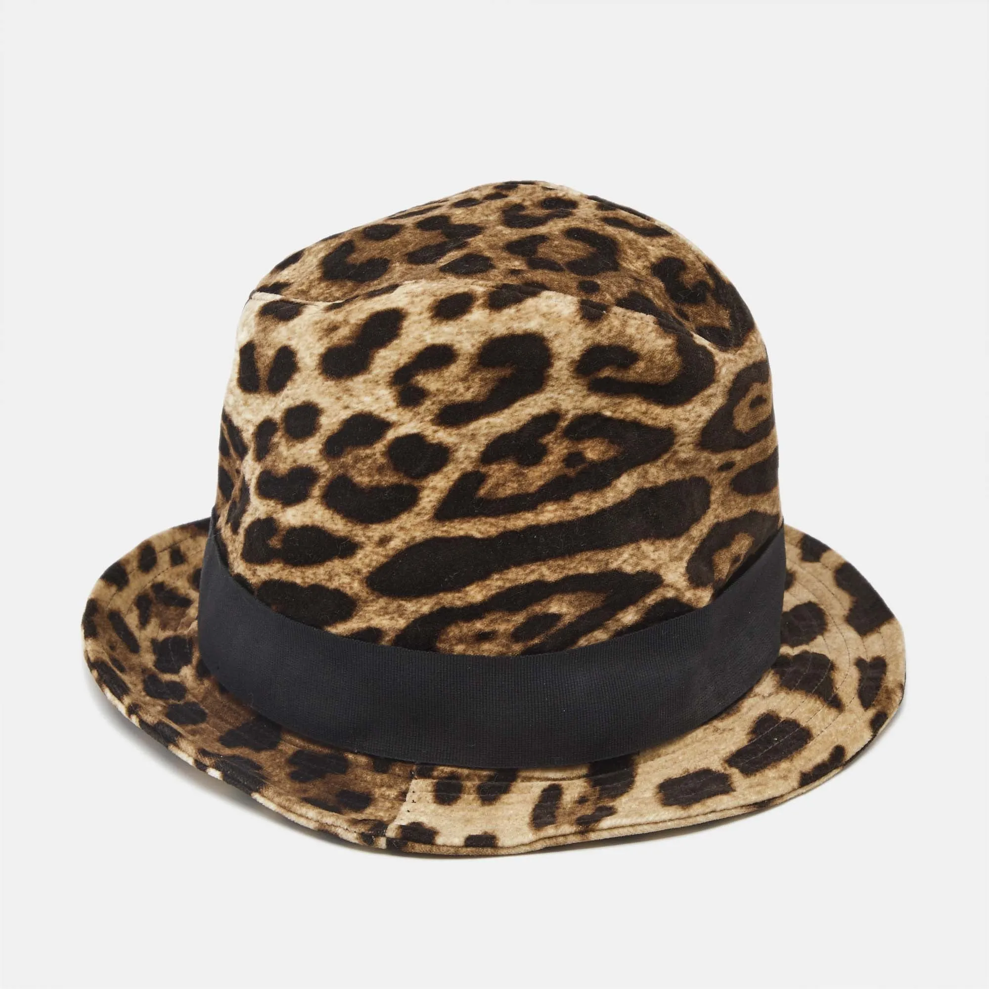 Brown Leopard Print Velvet Fedora Hat M