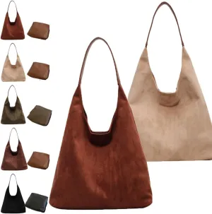 Brown Suede Bag,Suede Purse,Brown Suede Handbag,Suede Purses for Women,Chocolate Slouchy Tote Shoulder Handbags (2PCS-C)