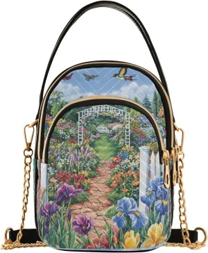 Butterfly Iris Garden Path Multi Pockets Crossbody Bags for Women Zip Cell Phone Purse Wallet Bag with Detachable Shoulder Strap Wallet Purses for Gift Traveling Working Shopping Women Girls Trendy