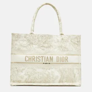 Canvas Toile Economical Jouy Tote Dior Top Book Embroidered quality De Gold/White Excellent customer support Medium