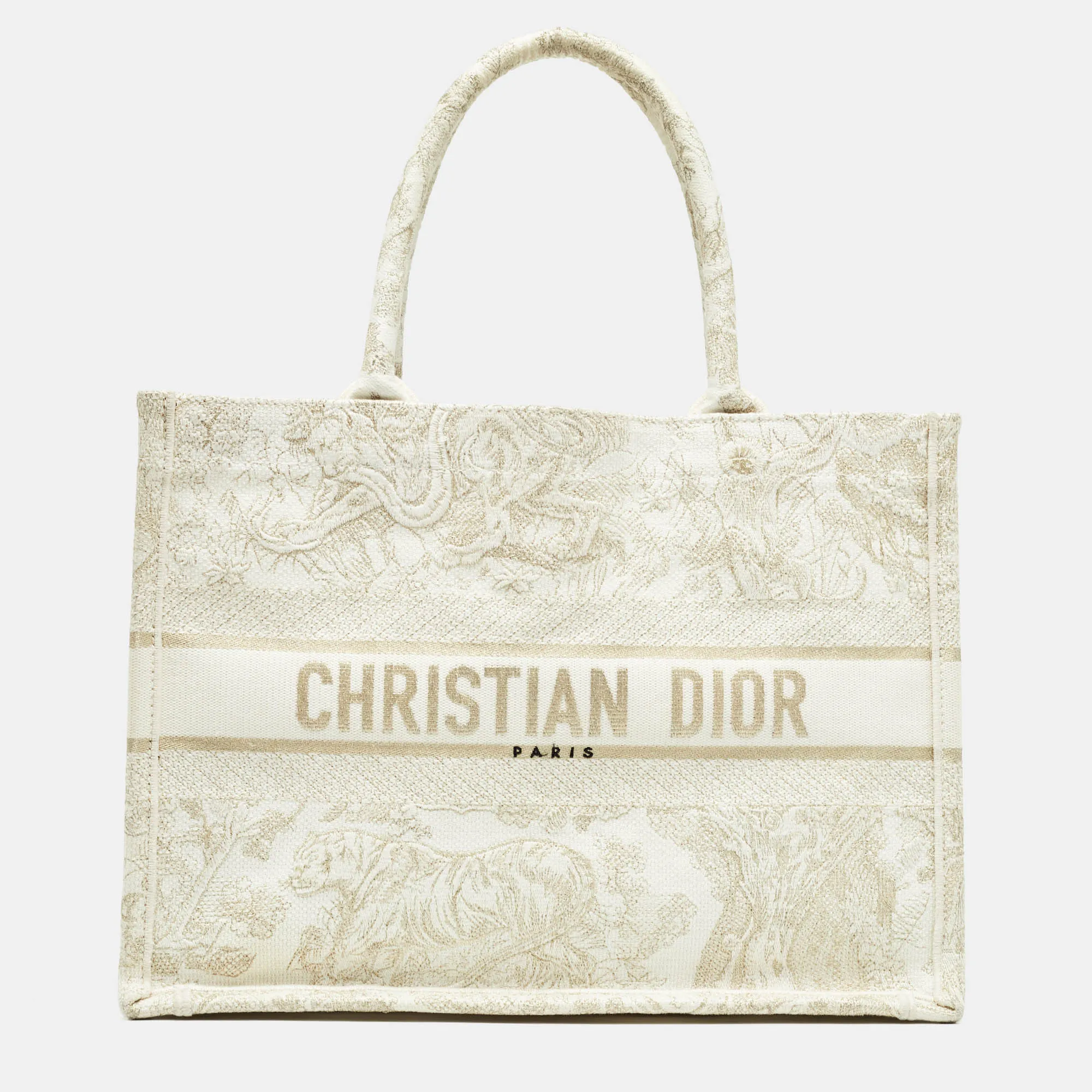 Canvas Toile Economical Jouy Tote Dior Top Book Embroidered quality De Gold/White Excellent customer support Medium