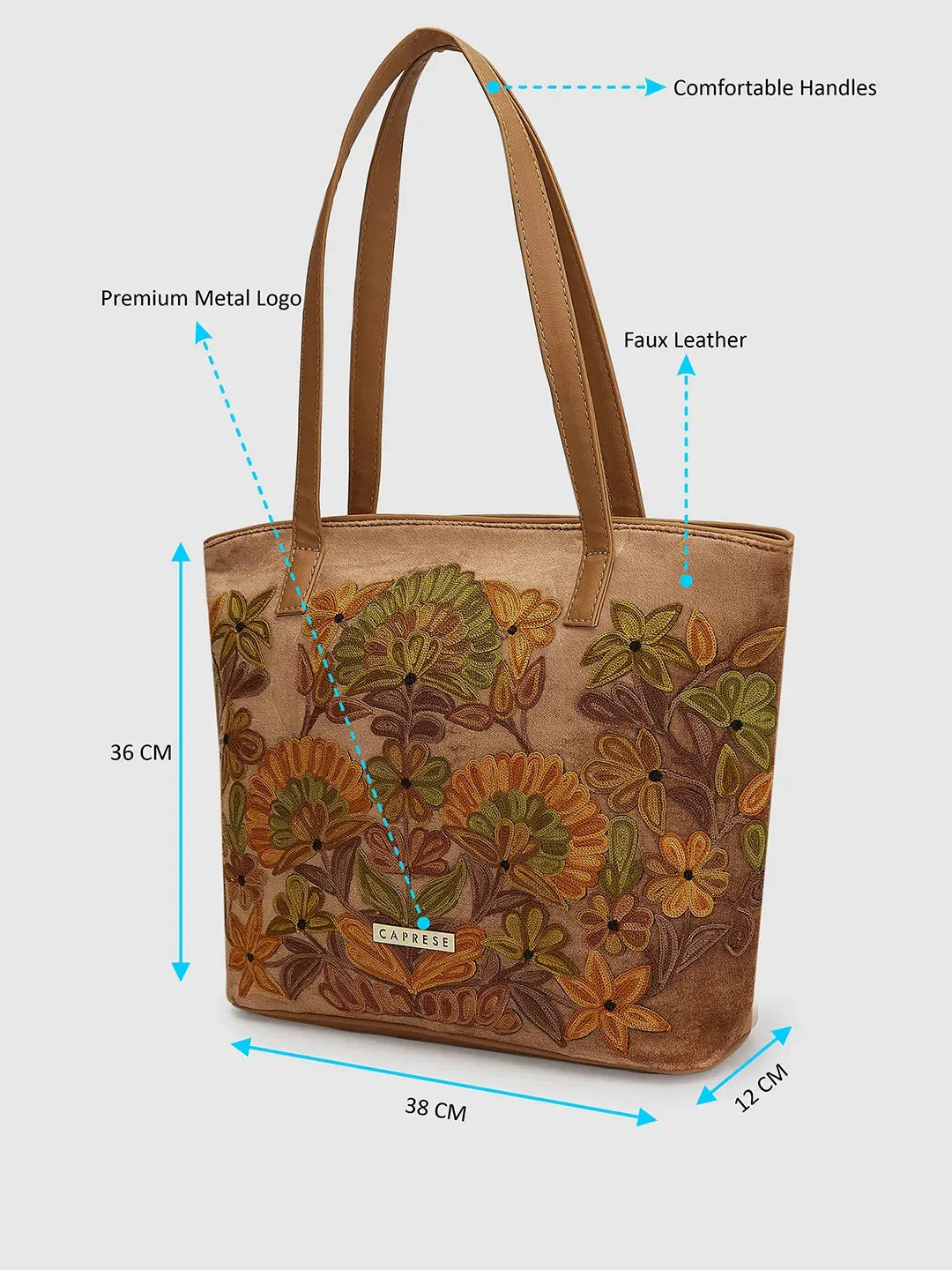 Caprese Tresna Embroidery Fawn Tote Handbag
