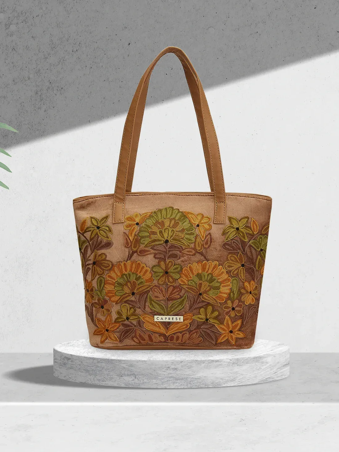 Caprese Tresna Embroidery Fawn Tote Handbag