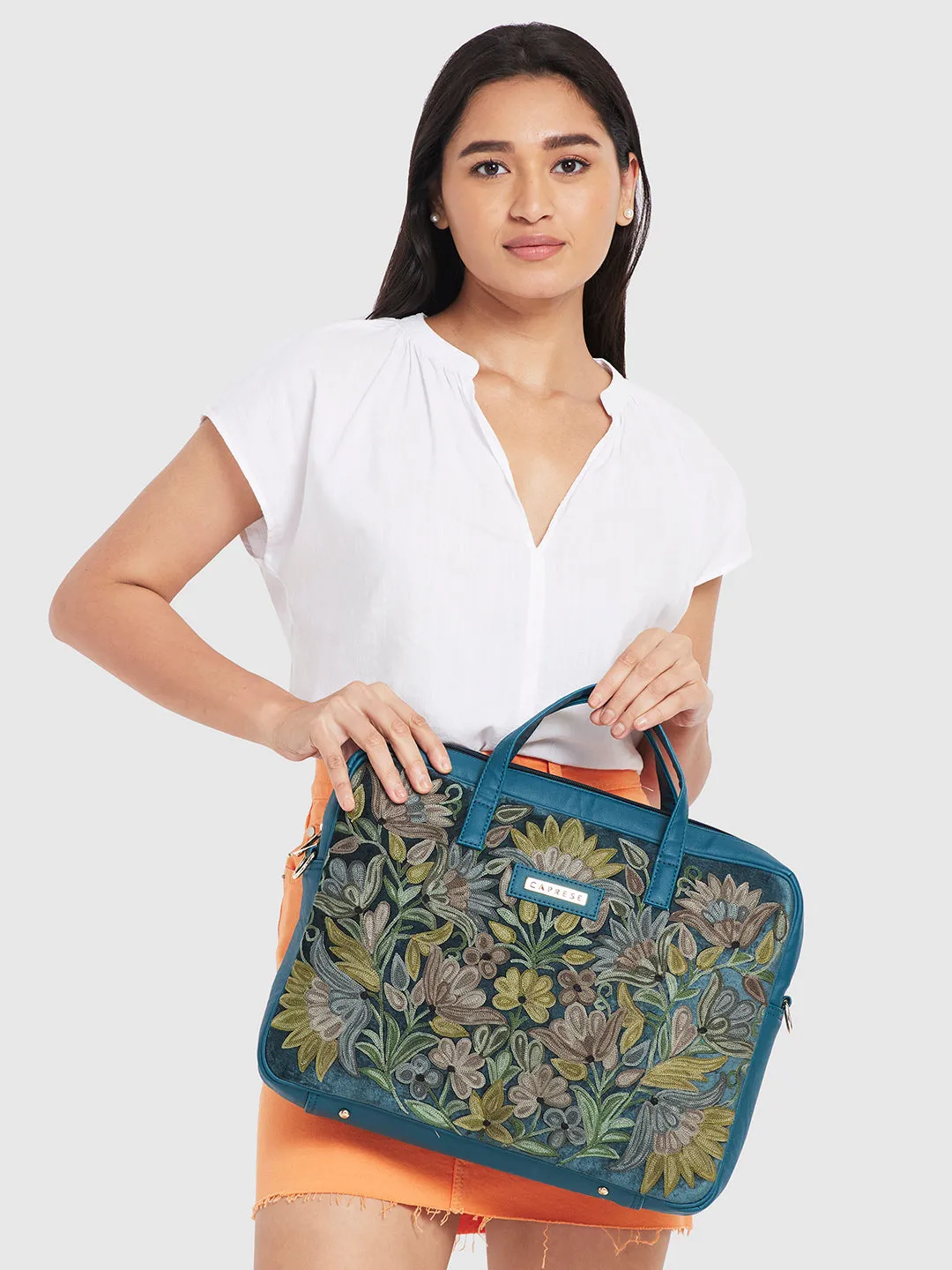 Caprese Tresna Embroidery Large Green Laptop Tote