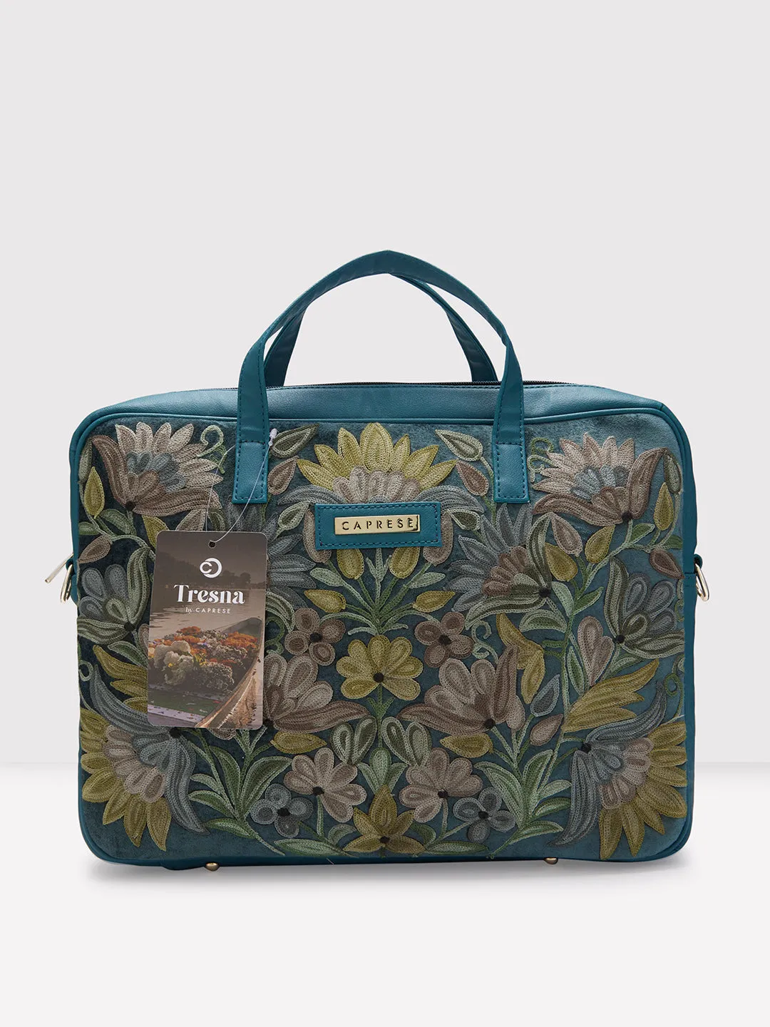Caprese Tresna Embroidery Large Green Laptop Tote