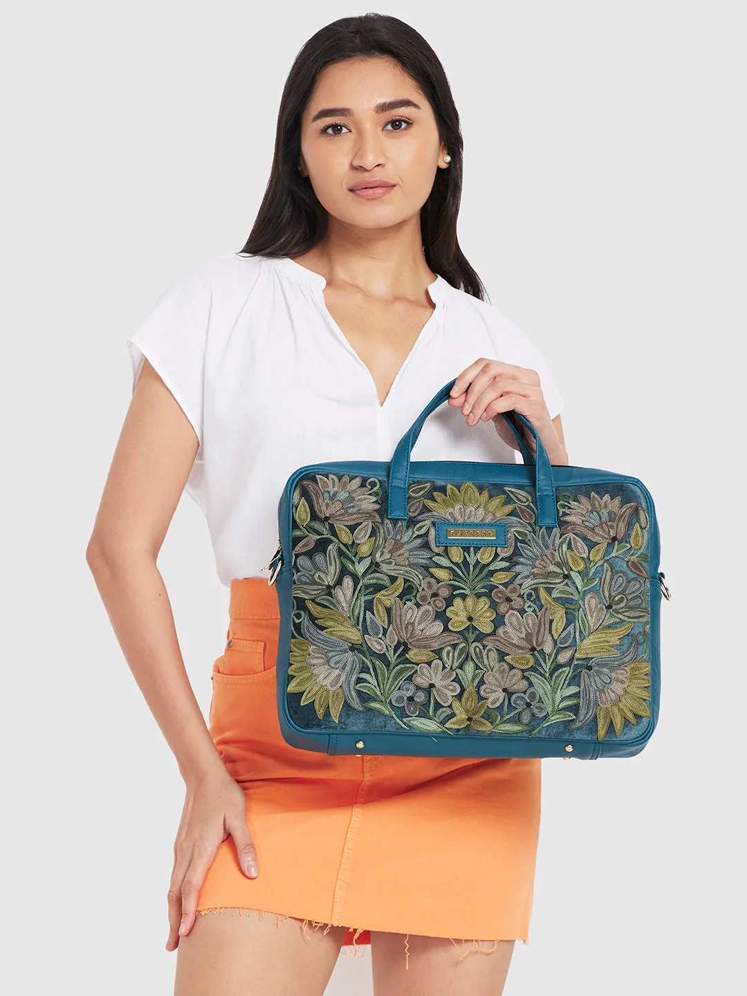Caprese Tresna Embroidery Large Green Laptop Tote