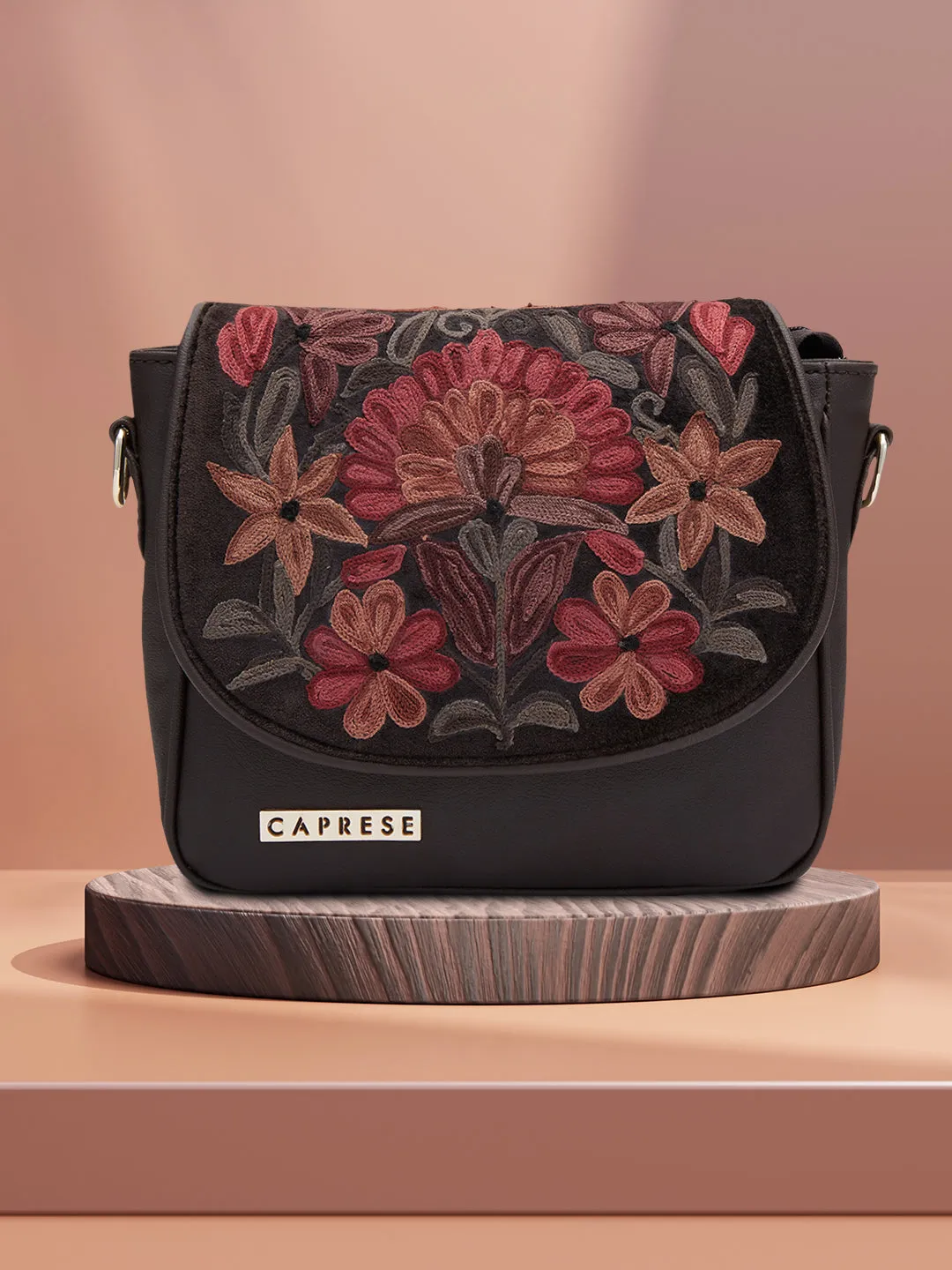 Caprese Tresna Large Embroidery Brown Sling Bag