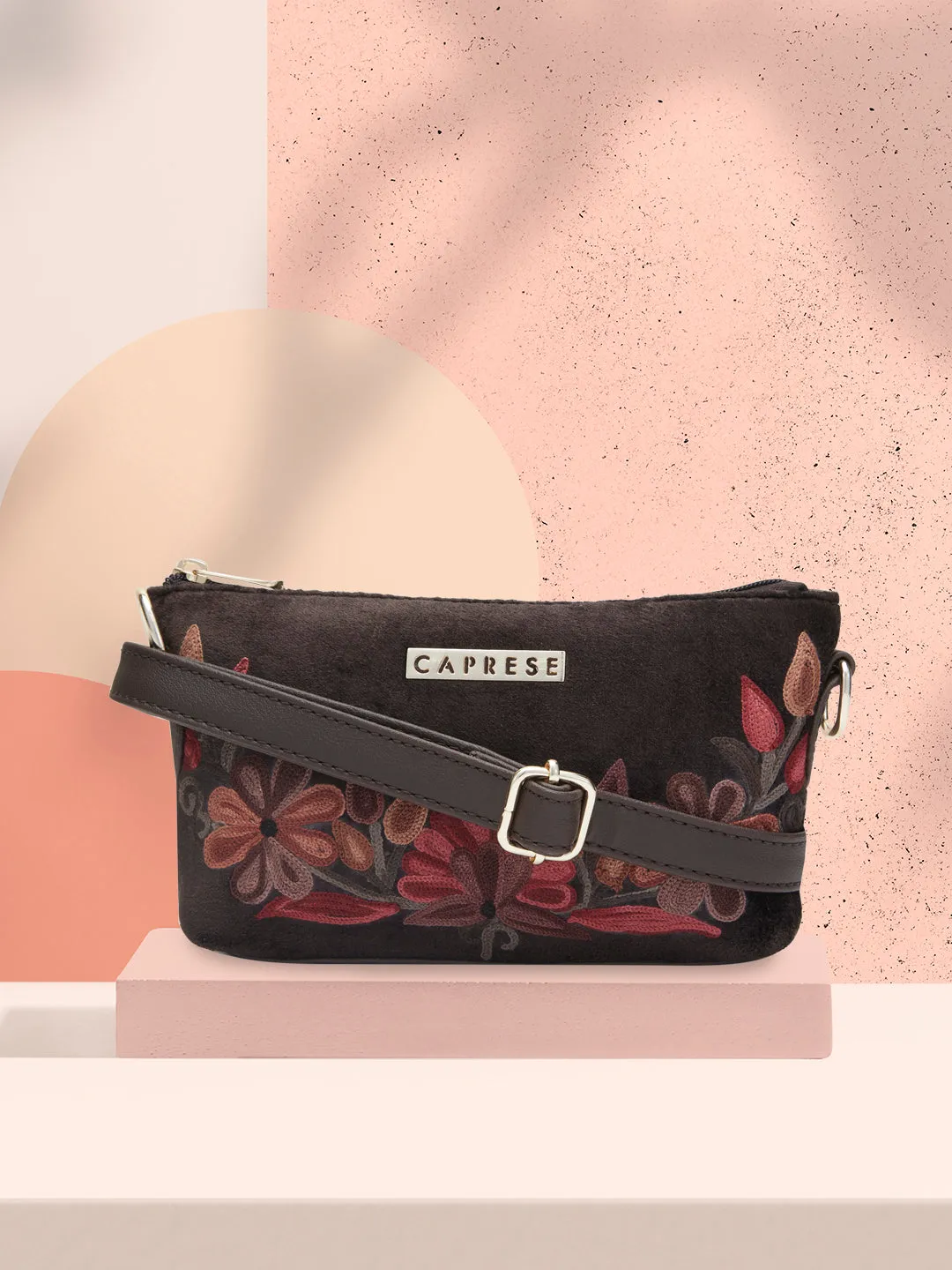 Caprese Tresna Small Embroidery Brown Sling Bag