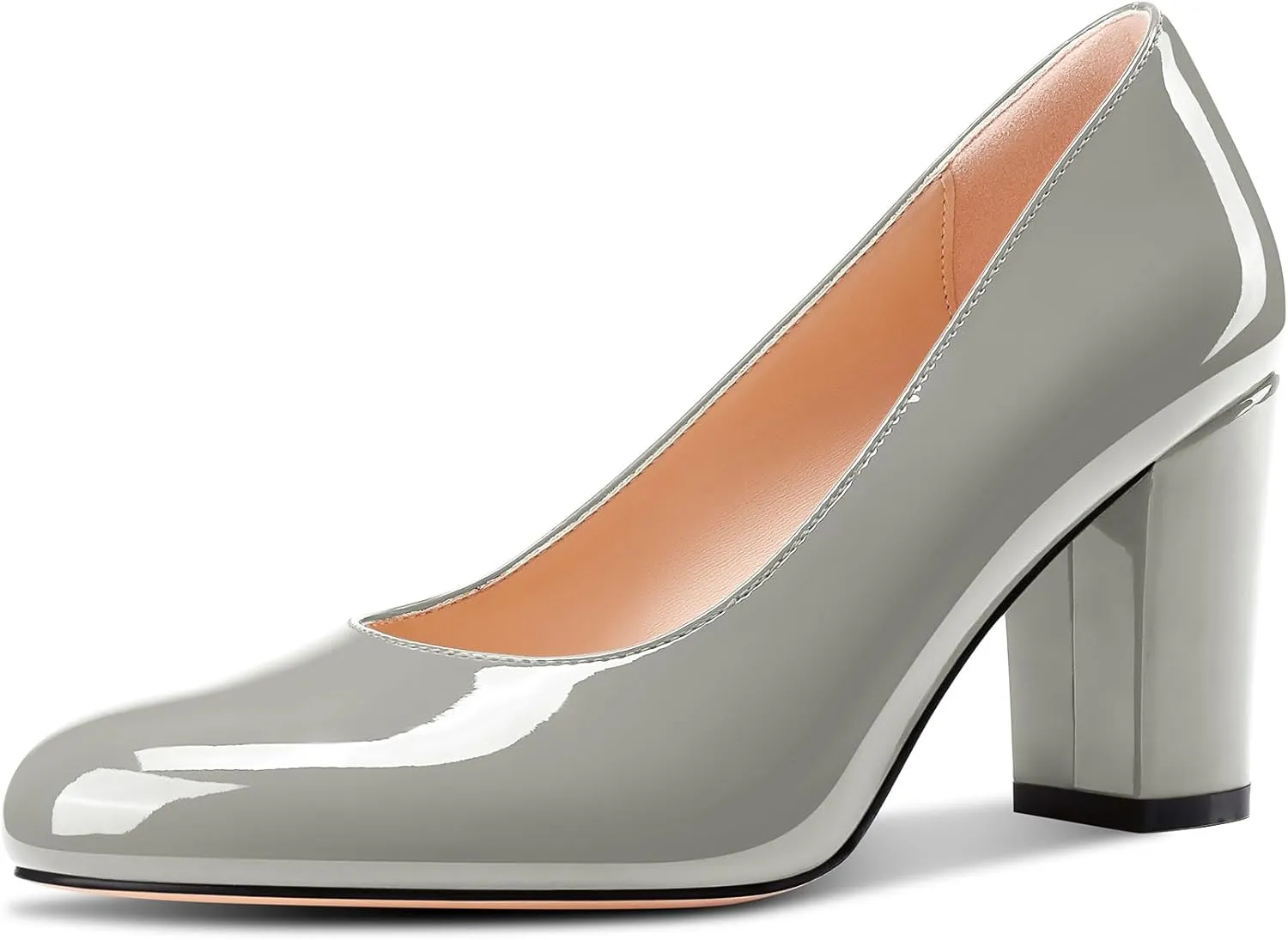 Castamere Womens High Chunky Block Heel Round Toe Pumps Slip-on Prom Dress Patent Leather 3.2 Inches Heels