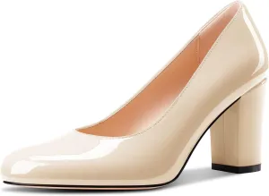 Castamere Womens High Chunky Block Heel Round Toe Pumps Slip-on Prom Dress Patent Leather 3.2 Inches Heels