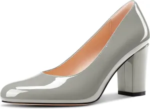 Castamere Womens High Chunky Block Heel Round Toe Pumps Slip-on Prom Dress Patent Leather 3.2 Inches Heels