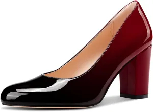 Castamere Womens High Chunky Block Heel Round Toe Pumps Slip-on Prom Dress Patent Leather 3.2 Inches Heels