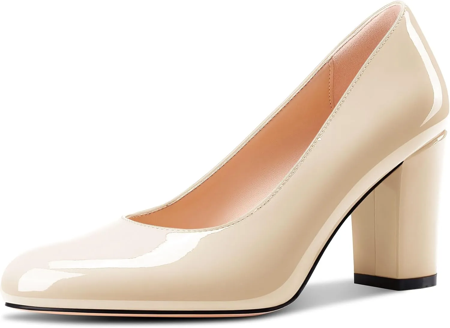 Castamere Womens High Chunky Block Heel Round Toe Pumps Slip-on Prom Dress Patent Leather 3.2 Inches Heels