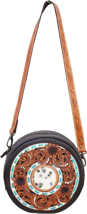 CHALLENGER Western Floral Tooled Round Canteen Woven Inlay Leather Shoulder Crossbody Bag Purse 18FKHRoundCrossbody