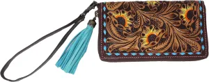 CHALLENGER Women's Western Painted Floral Tooled Leather Buckstitch Zippered Wallet Clutch 18FKW95C