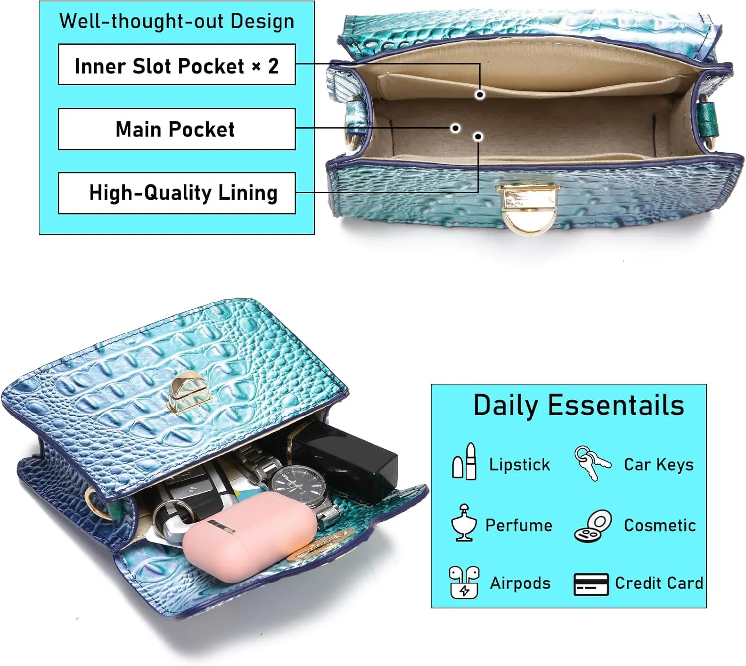 Chic Women Crocodile Leather bags Mini Top-Handle Clutch Compact Evening Bag Stylish Accessory for Essentials