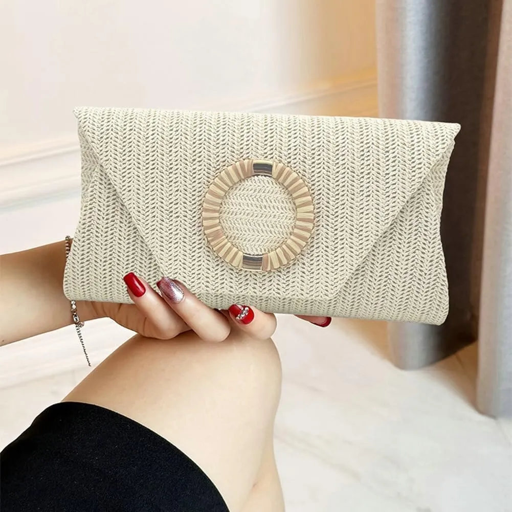 Chic Woven Clutch Handbags for Women Summer Straw Evening Envelope Bag Designer Boho Purse for Beach,Party