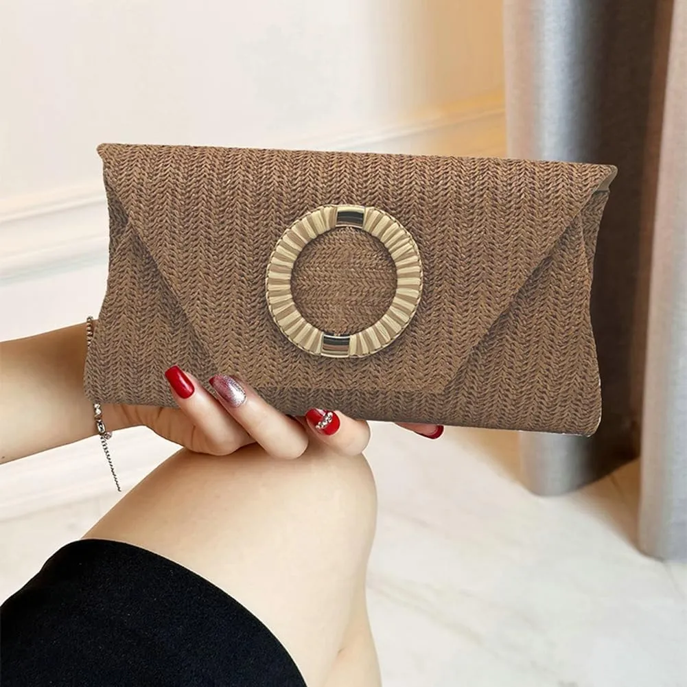 Chic Woven Clutch Handbags for Women Summer Straw Evening Envelope Bag Designer Boho Purse for Beach,Party