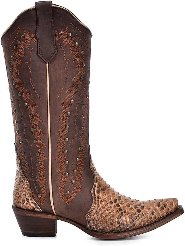 CIRCLE G LADIE'S BROWN-CHOCOLATE PYTHON EMBROIDERY & STUDS, LEATHER SOLE, MALAYOPYTHON RETICULATUS LEATHER, WESTERN BOOTS, L6045