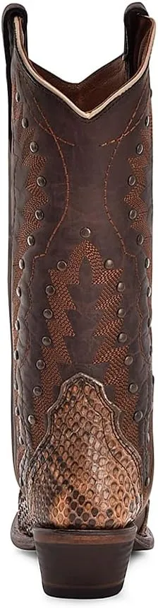 CIRCLE G LADIE'S BROWN-CHOCOLATE PYTHON EMBROIDERY & STUDS, LEATHER SOLE, MALAYOPYTHON RETICULATUS LEATHER, WESTERN BOOTS, L6045