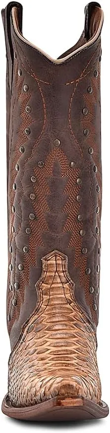 CIRCLE G LADIE'S BROWN-CHOCOLATE PYTHON EMBROIDERY & STUDS, LEATHER SOLE, MALAYOPYTHON RETICULATUS LEATHER, WESTERN BOOTS, L6045