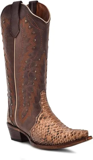 CIRCLE G LADIE'S BROWN-CHOCOLATE PYTHON EMBROIDERY & STUDS, LEATHER SOLE, MALAYOPYTHON RETICULATUS LEATHER, WESTERN BOOTS, L6045