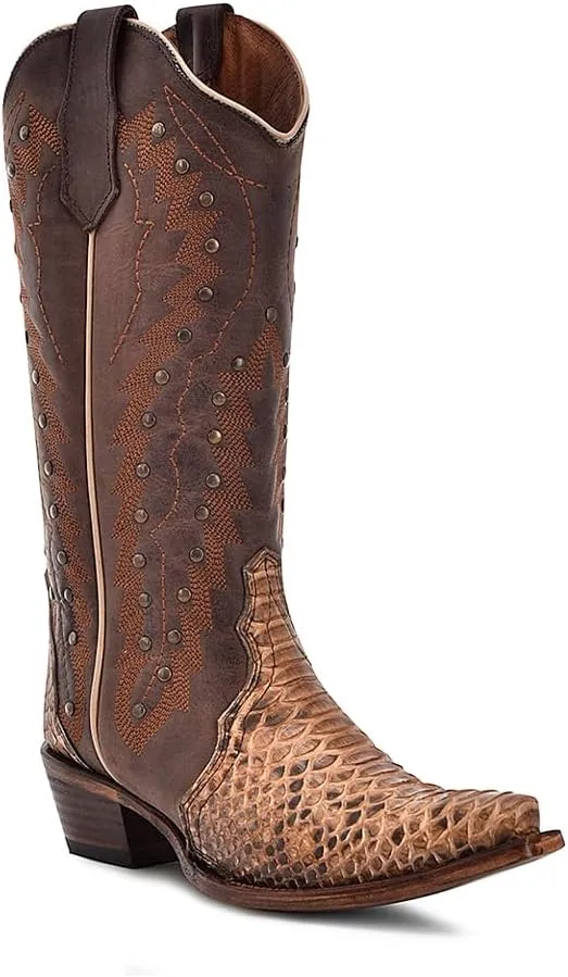 CIRCLE G LADIE'S BROWN-CHOCOLATE PYTHON EMBROIDERY & STUDS, LEATHER SOLE, MALAYOPYTHON RETICULATUS LEATHER, WESTERN BOOTS, L6045