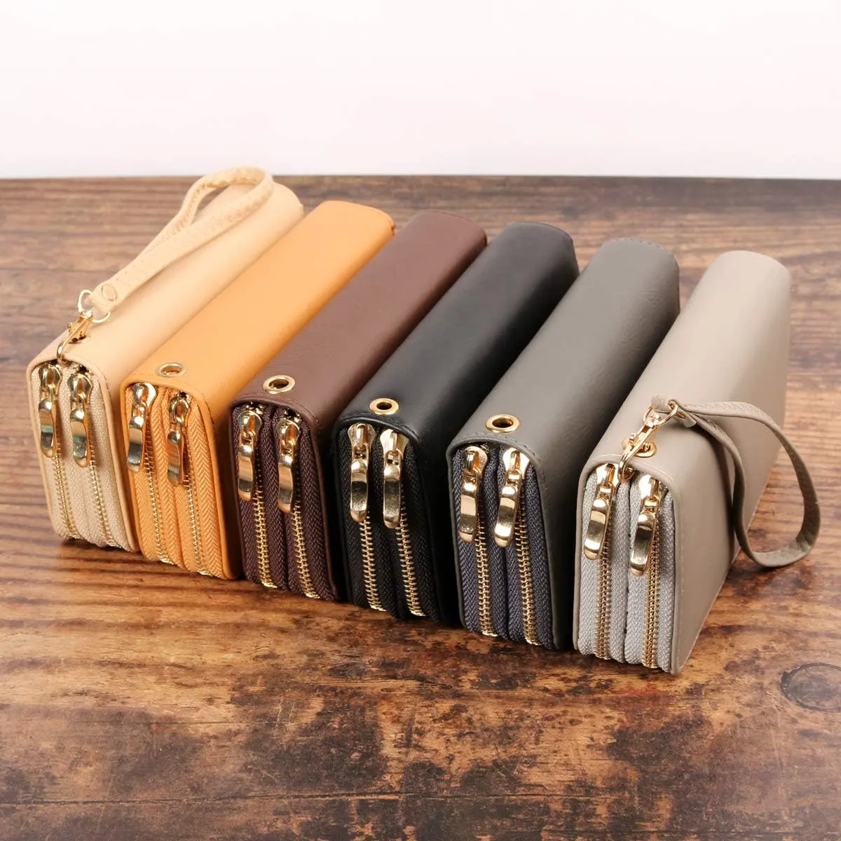 Classic Leatherette Zip Around Wallet - Vegan Leather Zipper Clutch Purse Coin Card Slots, Removable Wristlet (Double Zip Wristlet - Red)