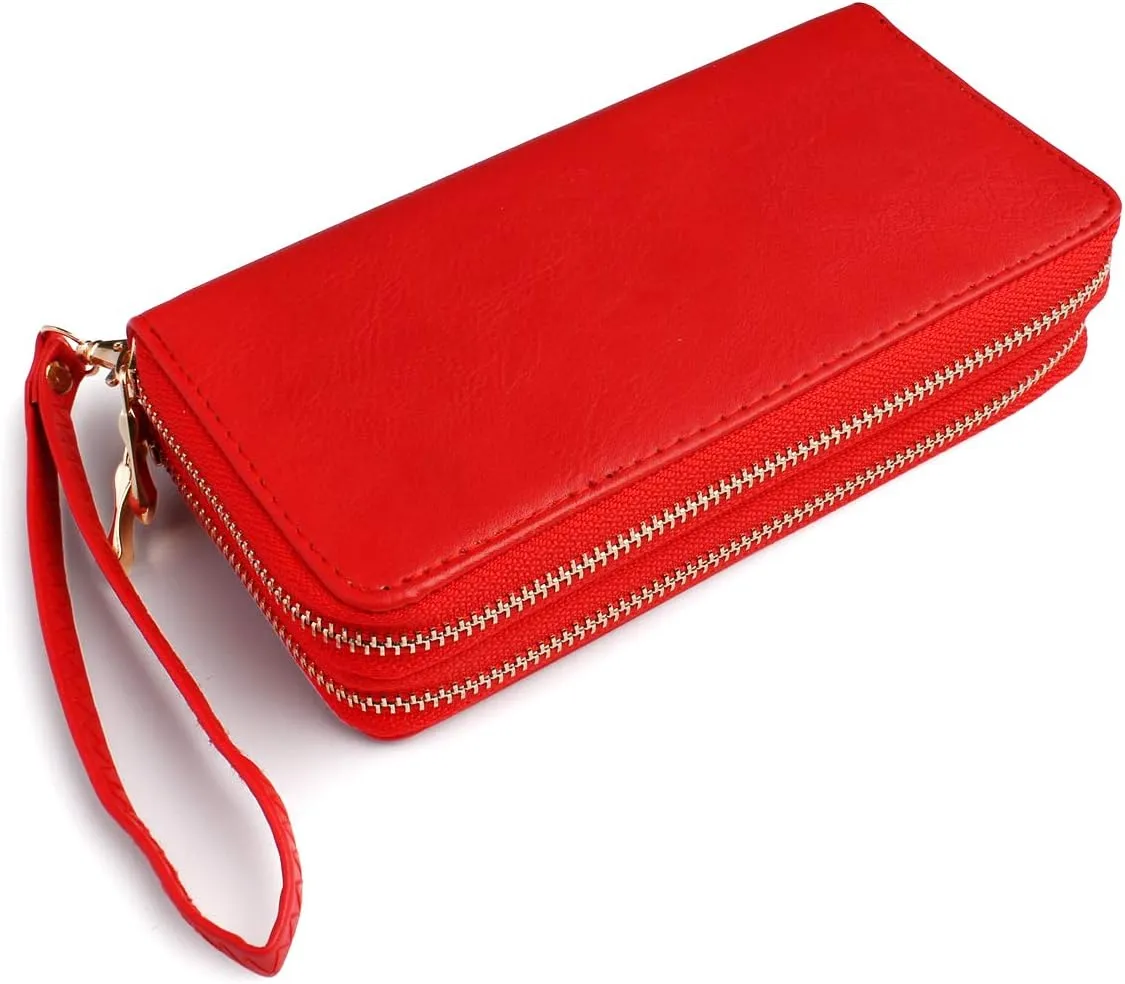 Classic Leatherette Zip Around Wallet - Vegan Leather Zipper Clutch Purse Coin Card Slots, Removable Wristlet (Double Zip Wristlet - Red)