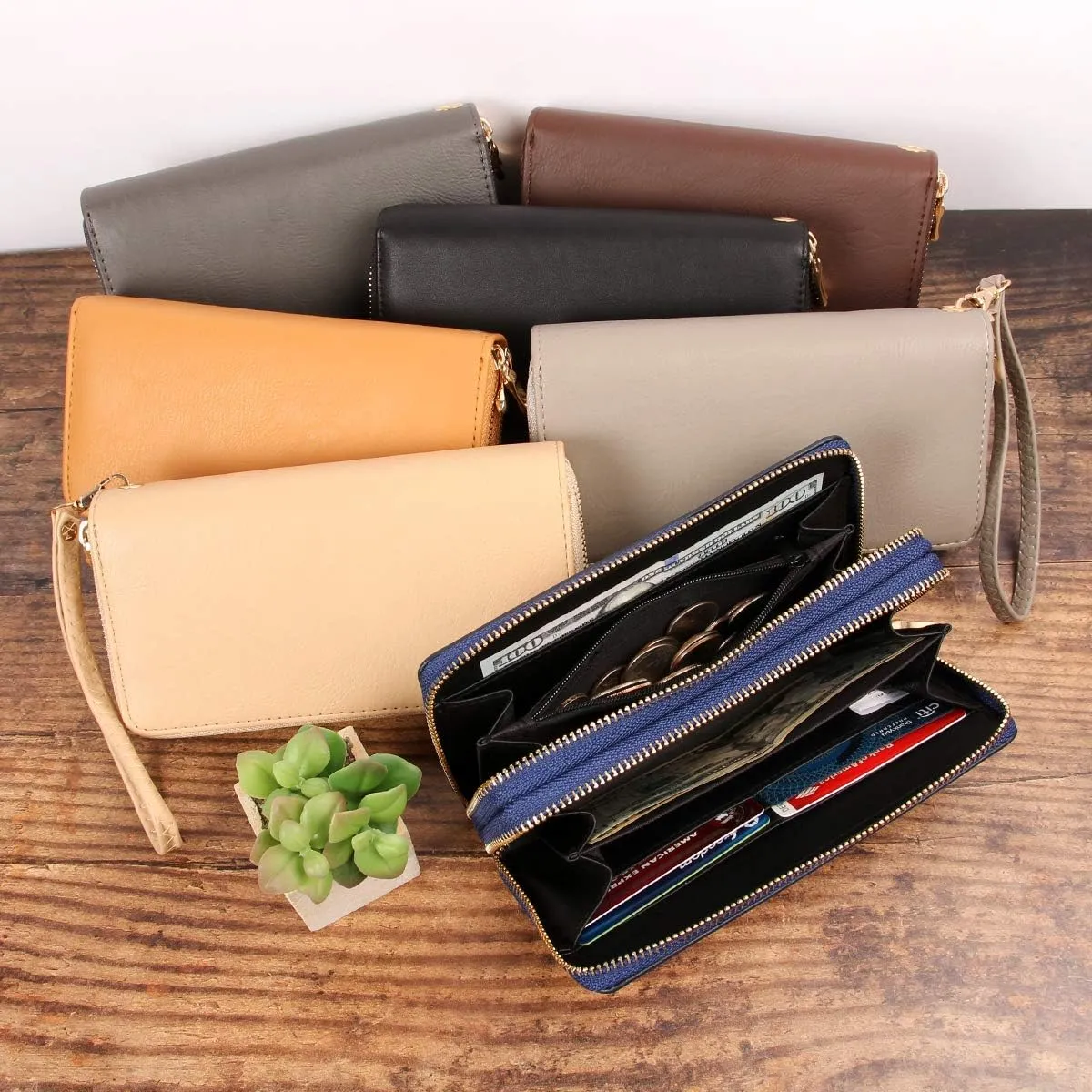 Classic Leatherette Zip Around Wallet - Vegan Leather Zipper Clutch Purse Coin Card Slots, Removable Wristlet (Double Zip Wristlet - Red)