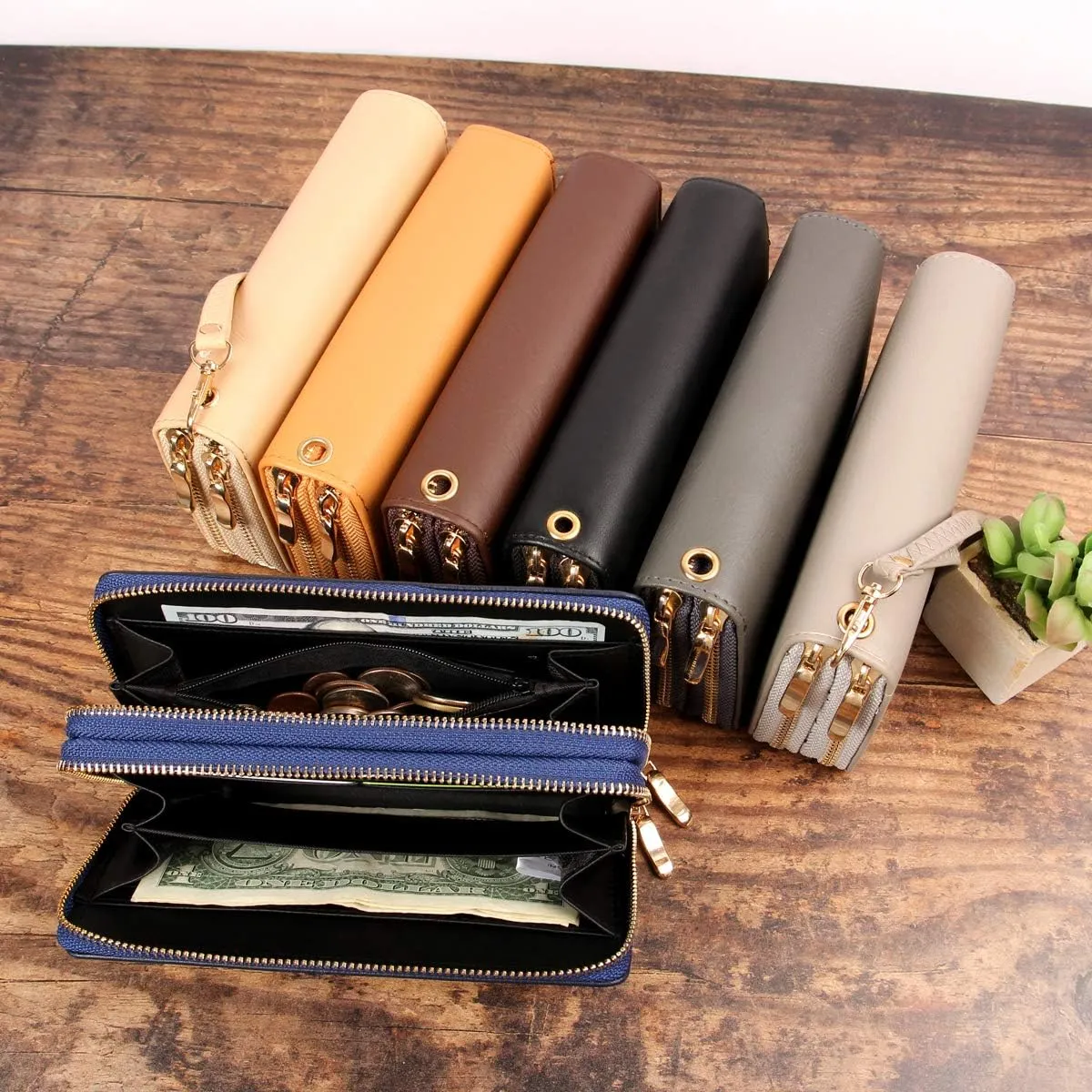 Classic Leatherette Zip Around Wallet - Vegan Leather Zipper Clutch Purse Coin Card Slots, Removable Wristlet (Double Zip Wristlet - Red)
