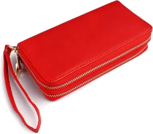 Classic Leatherette Zip Around Wallet - Vegan Leather Zipper Clutch Purse Coin Card Slots, Removable Wristlet (Double Zip Wristlet - Red)