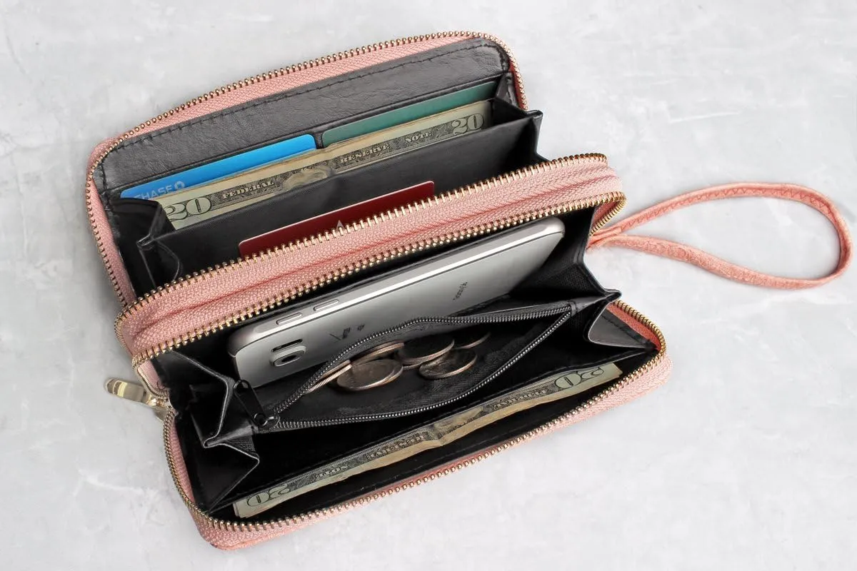 Classic Leatherette Zip Around Wallet - Vegan Leather Zipper Clutch Purse Coin Card Slots, Removable Wristlet (Double Zip Wristlet - Textured Black)