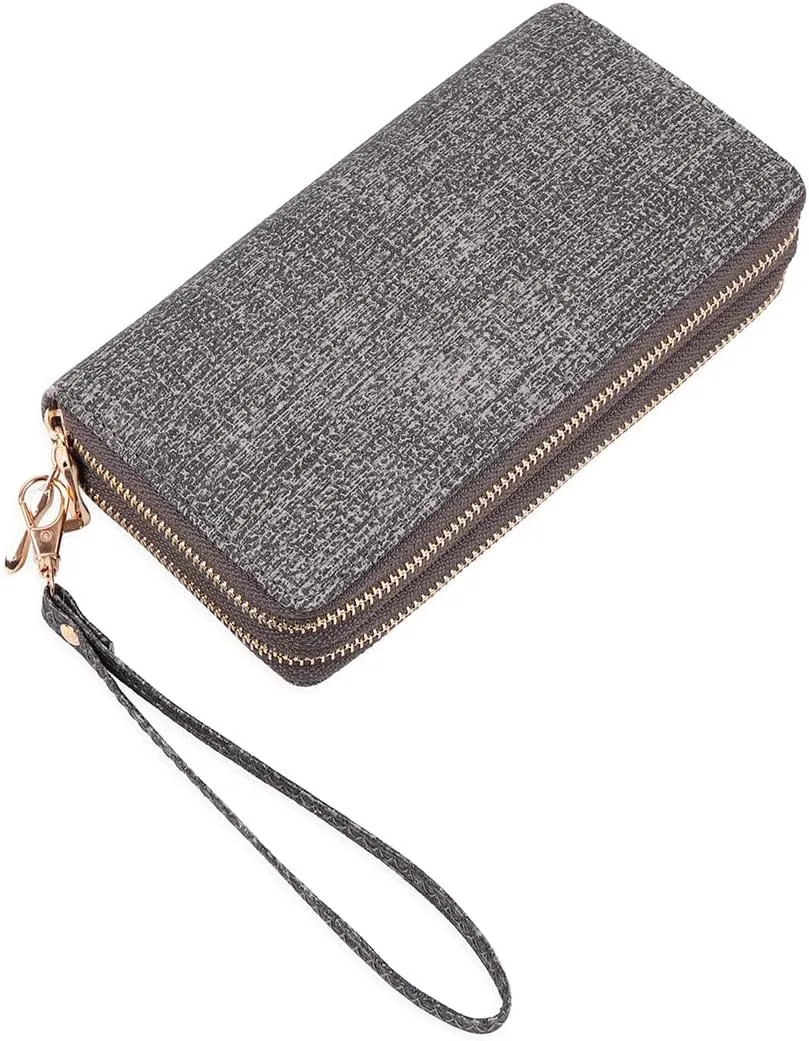 Classic Leatherette Zip Around Wallet - Vegan Leather Zipper Clutch Purse Coin Card Slots, Removable Wristlet (Double Zip Wristlet - Textured Black)
