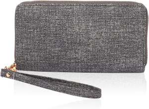 Classic Leatherette Zip Around Wallet - Vegan Leather Zipper Clutch Purse Coin Card Slots, Removable Wristlet (Double Zip Wristlet - Textured Black)