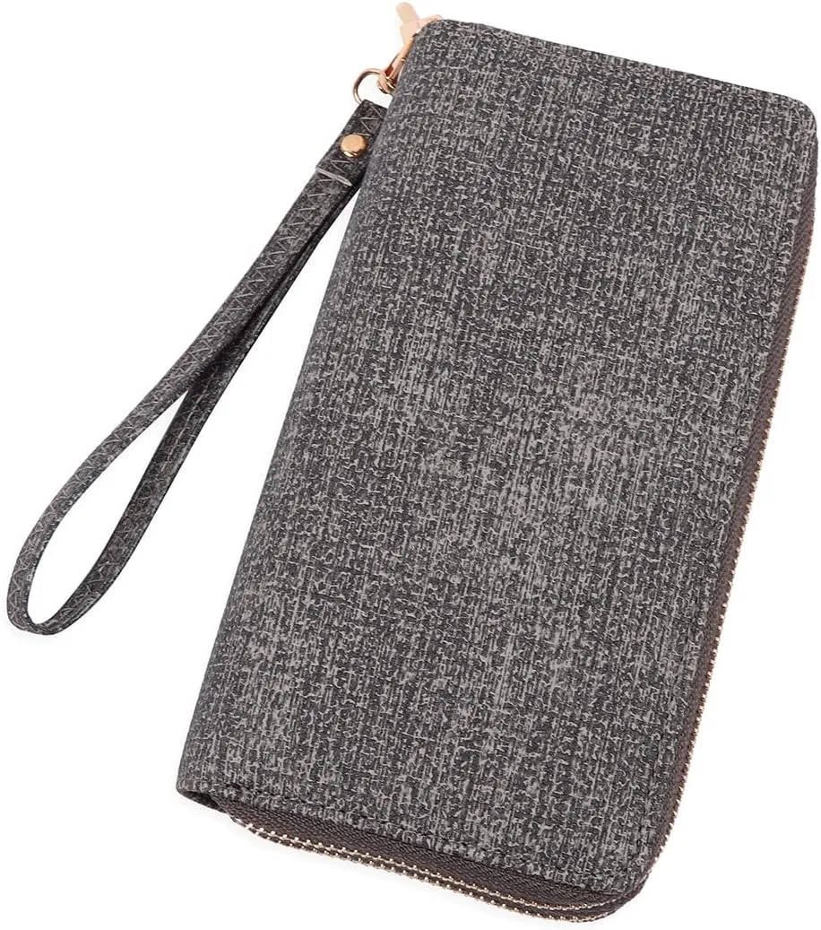 Classic Leatherette Zip Around Wallet - Vegan Leather Zipper Clutch Purse Coin Card Slots, Removable Wristlet (Double Zip Wristlet - Textured Black)
