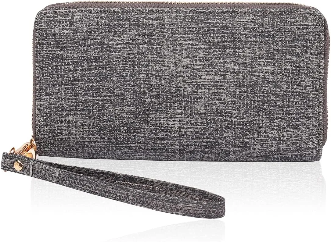 Classic Leatherette Zip Around Wallet - Vegan Leather Zipper Clutch Purse Coin Card Slots, Removable Wristlet (Double Zip Wristlet - Textured Black)