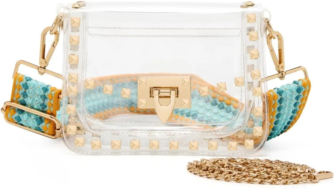 Clear Crossbody Purse Bag for Women Stadium Approved with Studded Rivet, Clear PVC Handbag for Concert & Game Day