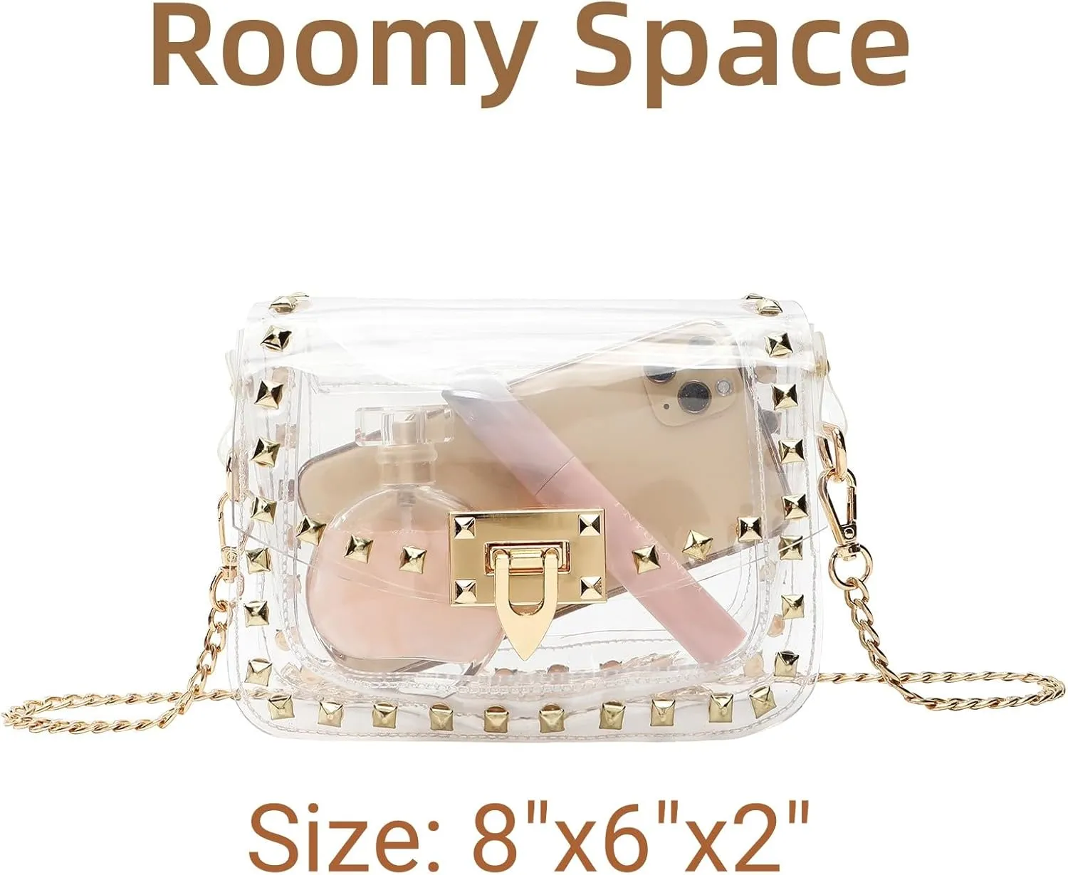 Clear Crossbody Purse Bag for Women Stadium Approved with Studded Rivet, Clear PVC Handbag for Concert & Game Day