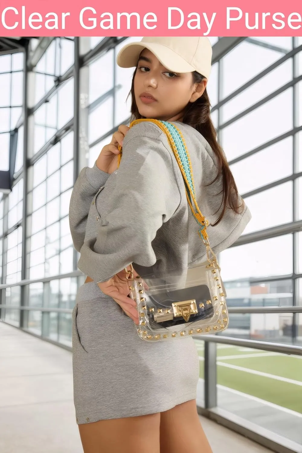 Clear Crossbody Purse Bag for Women Stadium Approved with Studded Rivet, Clear PVC Handbag for Concert & Game Day