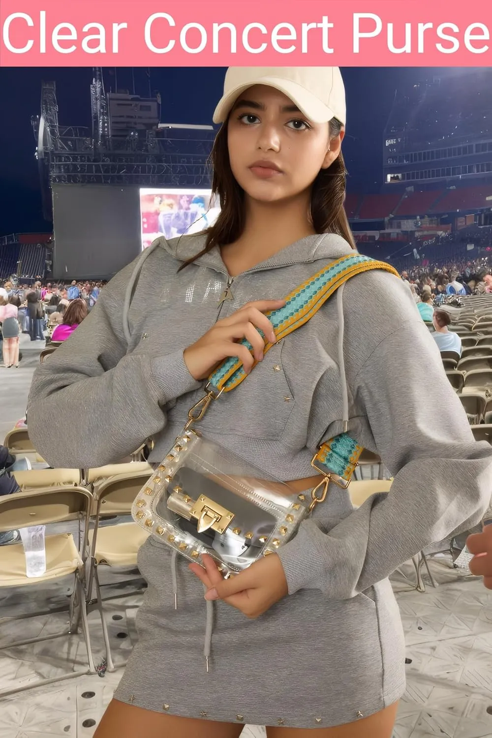 Clear Crossbody Purse Bag for Women Stadium Approved with Studded Rivet, Clear PVC Handbag for Concert & Game Day