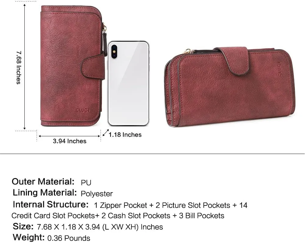 CLUCI Women Wallet Leather RFID Blocking Designer Trifold Card Holder Ladies Clutch with ID Window