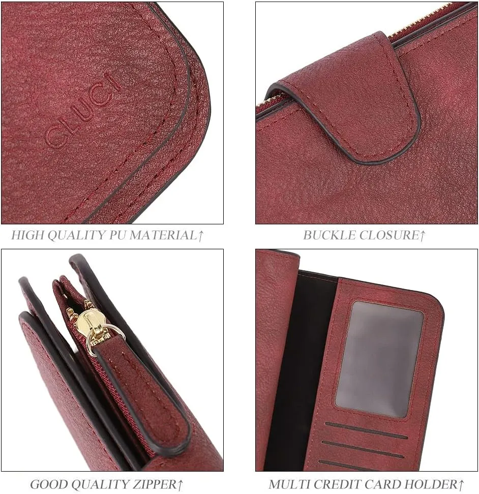 CLUCI Women Wallet Leather RFID Blocking Designer Trifold Card Holder Ladies Clutch with ID Window