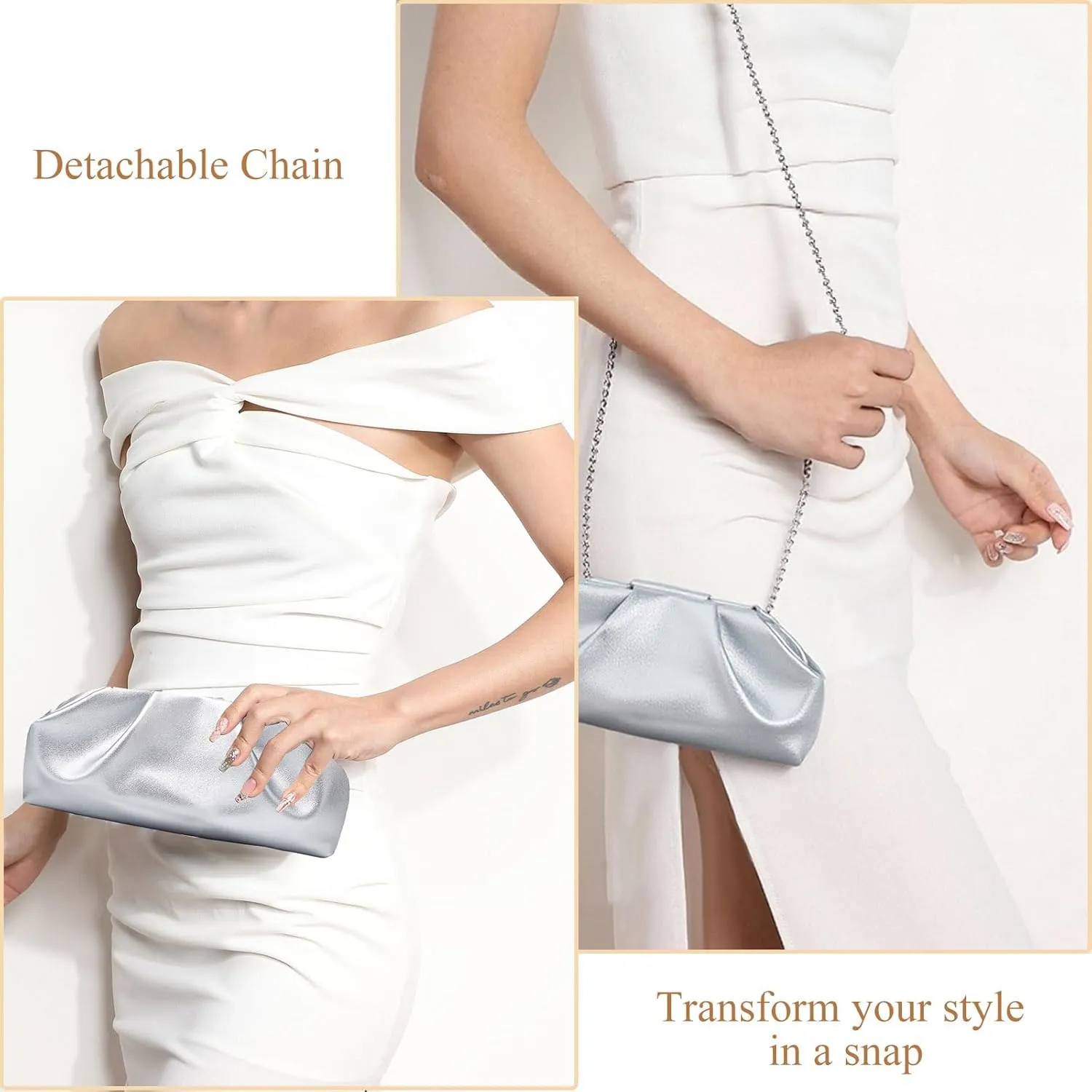 Clutch for Women, Vegan Leather Evening Purse, Soft Pleated PU Clutch Bag for Proms Parties