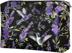 COEQINE Travel Hummingbird Makeup Bag for Women Floral Wallet Portable Cosmetic Case With Zipper Purple Lavender Ladies Wallet Handbag for Vacation
