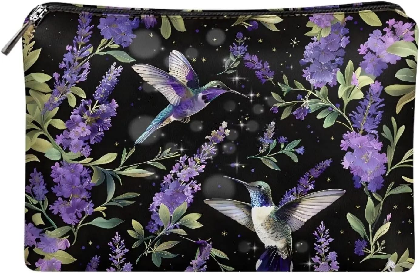 COEQINE Travel Hummingbird Makeup Bag for Women Floral Wallet Portable Cosmetic Case With Zipper Purple Lavender Ladies Wallet Handbag for Vacation