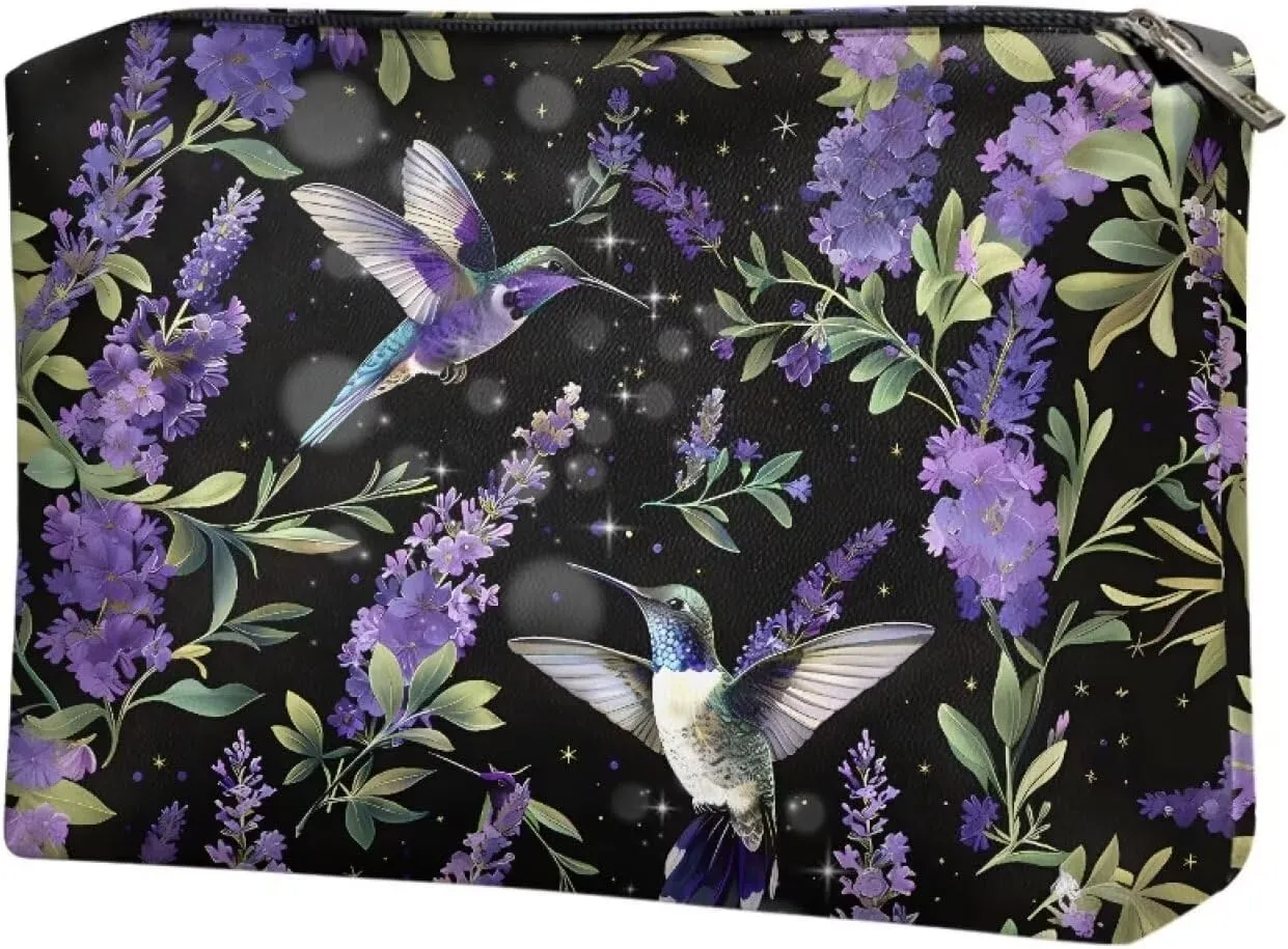 COEQINE Travel Hummingbird Makeup Bag for Women Floral Wallet Portable Cosmetic Case With Zipper Purple Lavender Ladies Wallet Handbag for Vacation