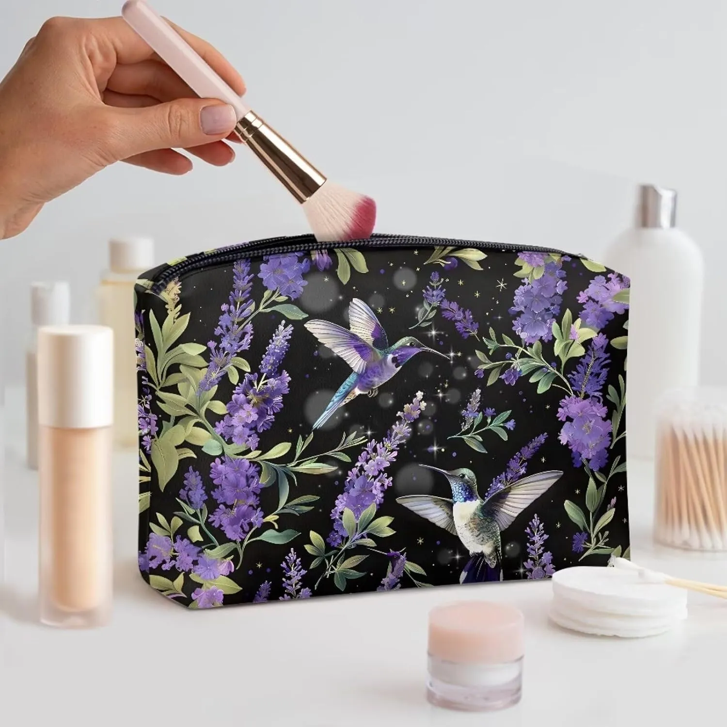 COEQINE Travel Hummingbird Makeup Bag for Women Floral Wallet Portable Cosmetic Case With Zipper Purple Lavender Ladies Wallet Handbag for Vacation