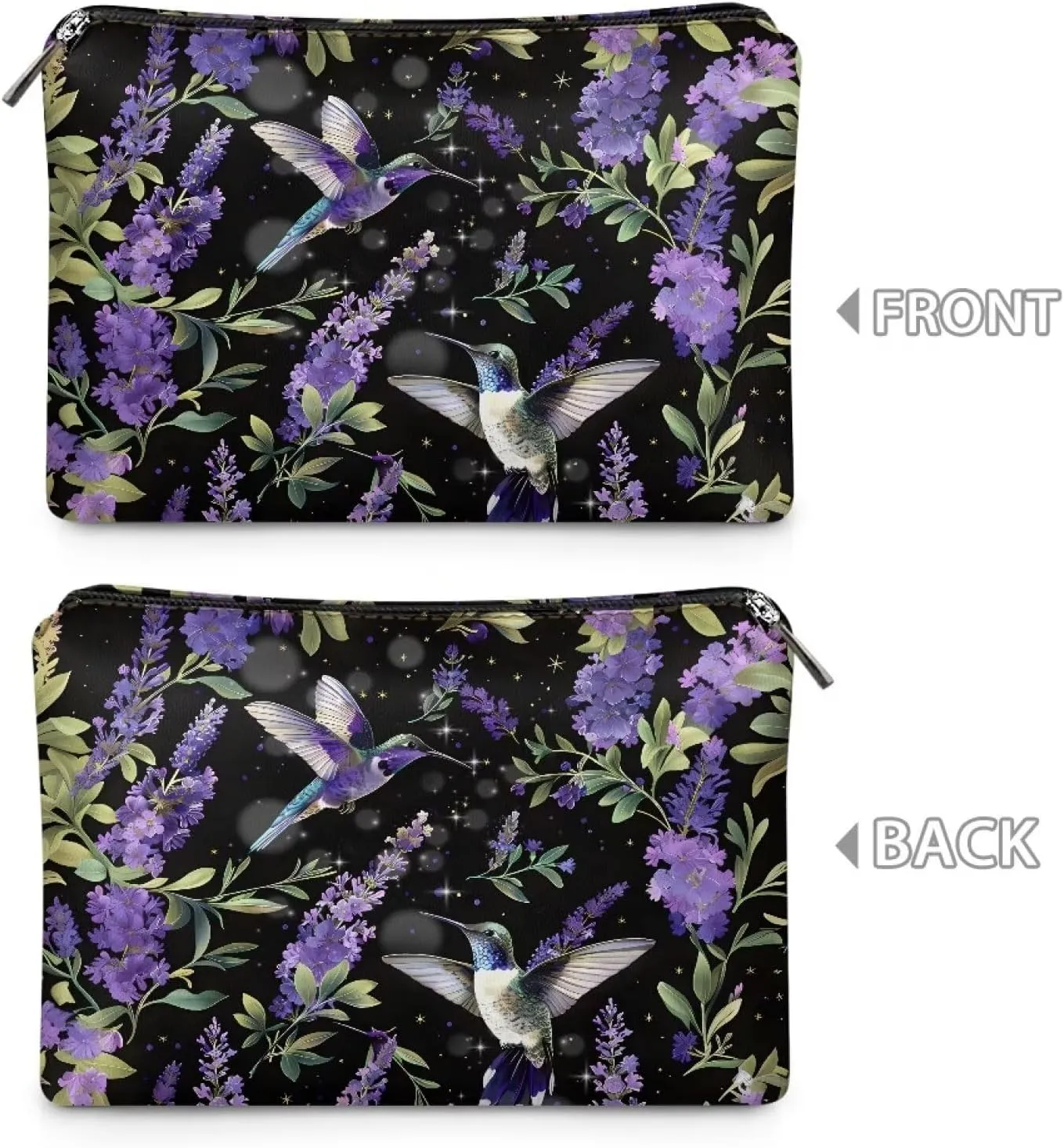 COEQINE Travel Hummingbird Makeup Bag for Women Floral Wallet Portable Cosmetic Case With Zipper Purple Lavender Ladies Wallet Handbag for Vacation