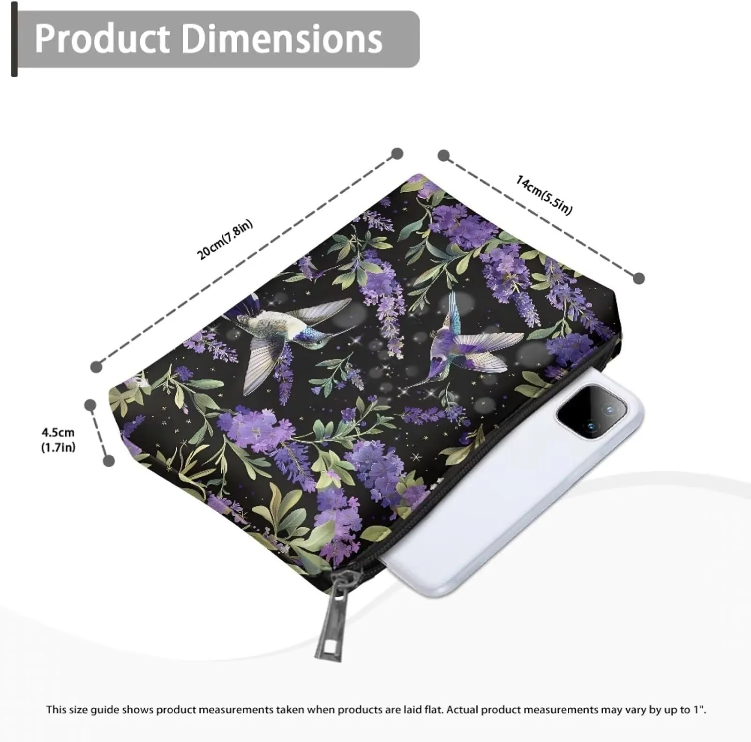 COEQINE Travel Hummingbird Makeup Bag for Women Floral Wallet Portable Cosmetic Case With Zipper Purple Lavender Ladies Wallet Handbag for Vacation